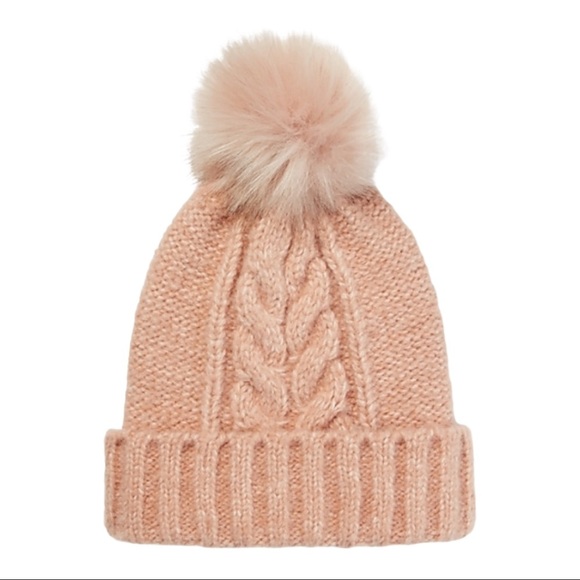 EXPRESS Powder Puff Pink Cable Knit Pom Beanie NWT - Picture 1 of 2